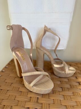 Lulu's Natural Woven Platform Block Heels - Light Beige Strappy Sandals